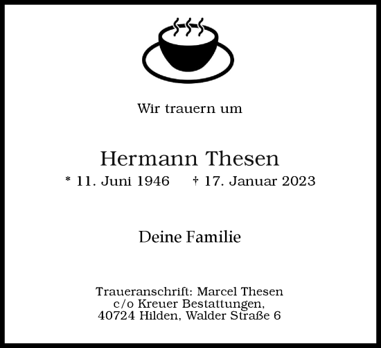 Traueranzeige von Hermann Thesen von WVW Anzeigenblätter