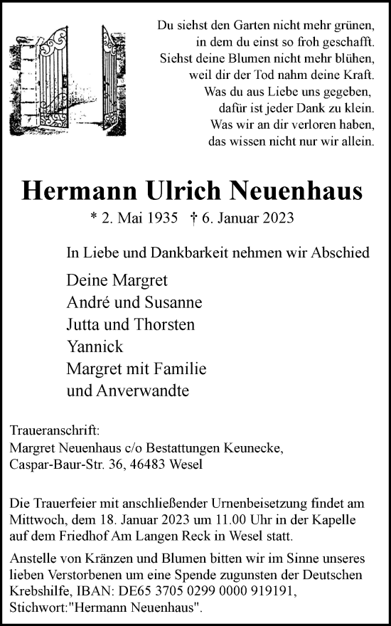 Traueranzeige von Hermann Ulrich Neuenhaus von WVW Anzeigenblätter