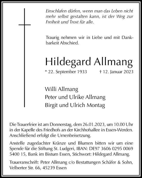 Traueranzeige von Hildegard Allmang von Tageszeitung