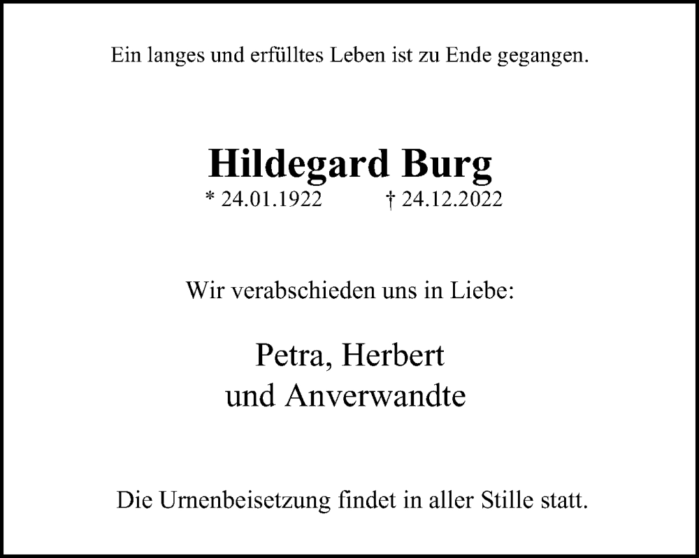  Traueranzeige für Hildegard Burg vom 21.01.2023 aus Tageszeitung