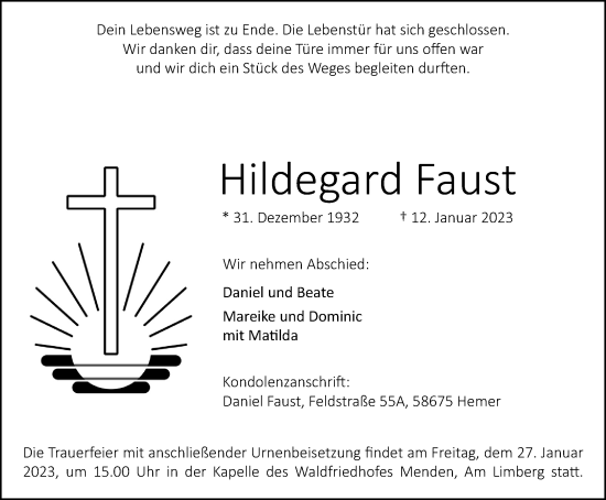 Traueranzeige von Hildegard Faust von WVW Anzeigenblätter