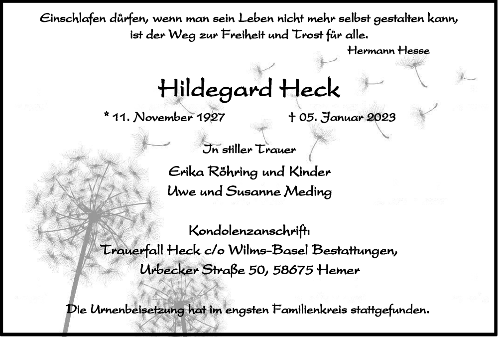  Traueranzeige für Hildegard Heck vom 28.01.2023 aus Tageszeitung