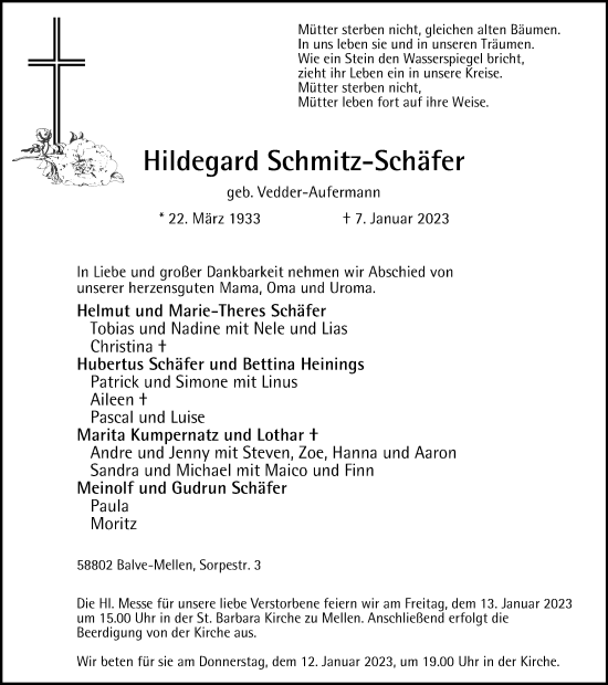 Traueranzeige von Hildegard Schmitz-Schäfer von Tageszeitung