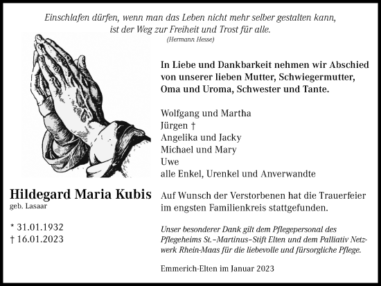 Traueranzeige von Hildegard Maria Kubis von WVW Anzeigenblätter