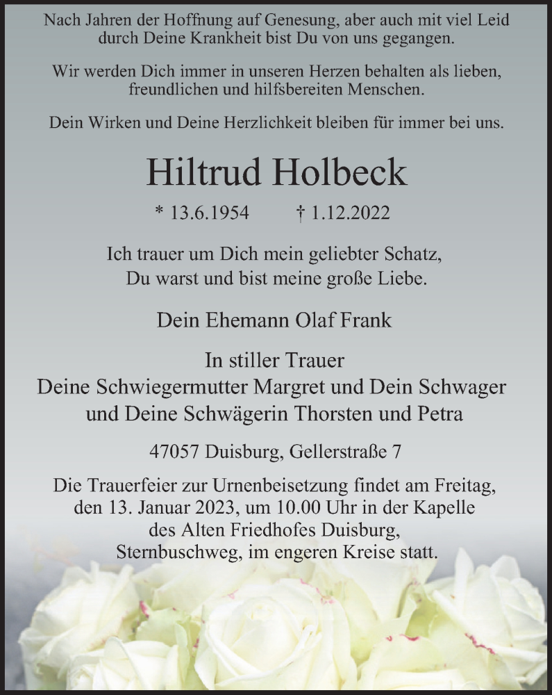  Traueranzeige für Hiltrud Holbeck vom 07.01.2023 aus Tageszeitung