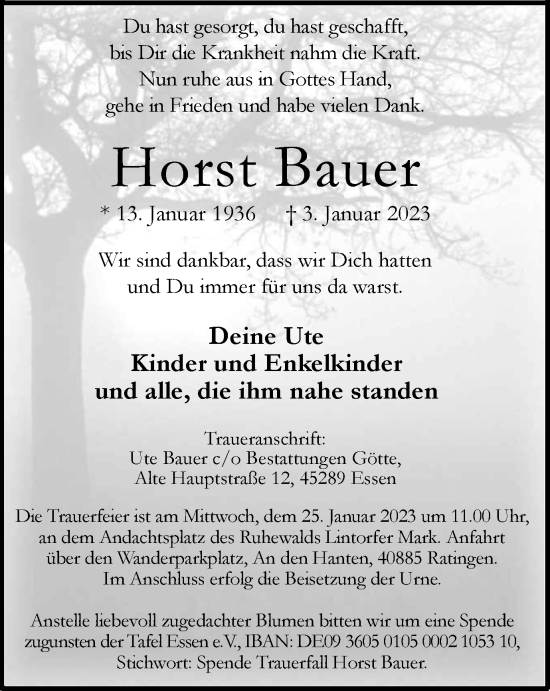 Traueranzeige von Horst Bauer von Tageszeitung