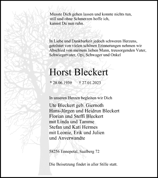 Todesanzeige von Horst Bleckert von Tageszeitung