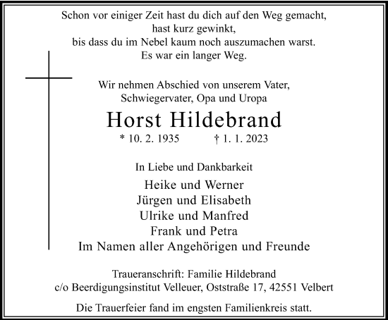 Traueranzeige von Horst Hildebrand von WVW Anzeigenblätter