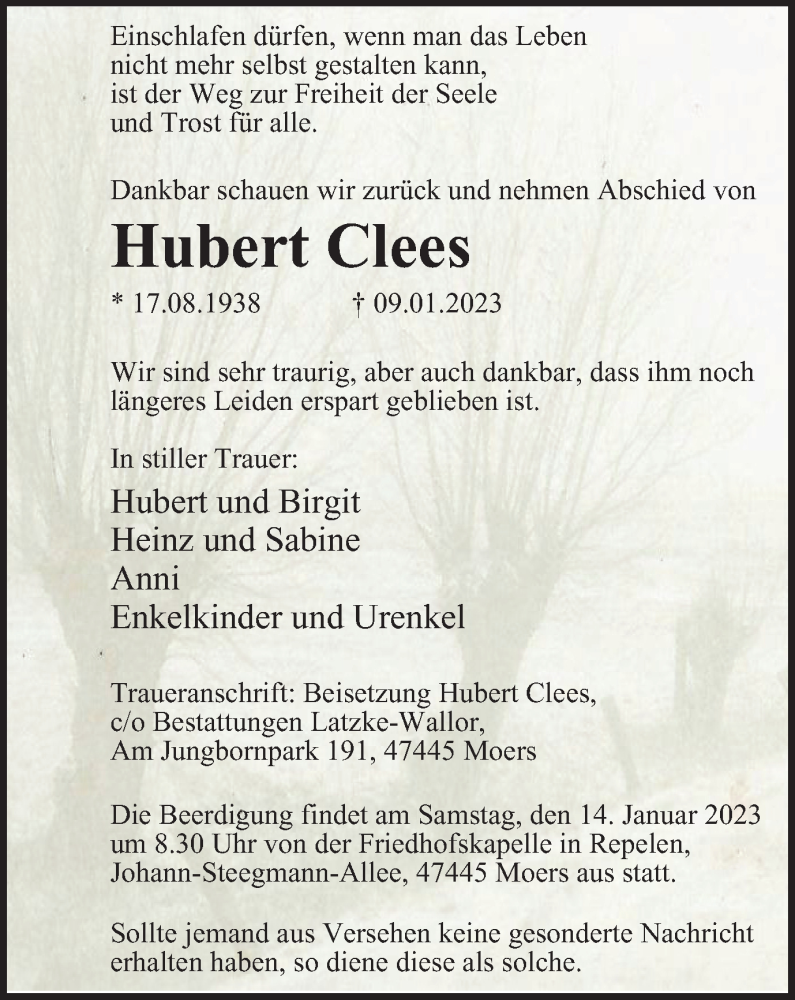  Traueranzeige für Hubert Clees vom 12.01.2023 aus Tageszeitung