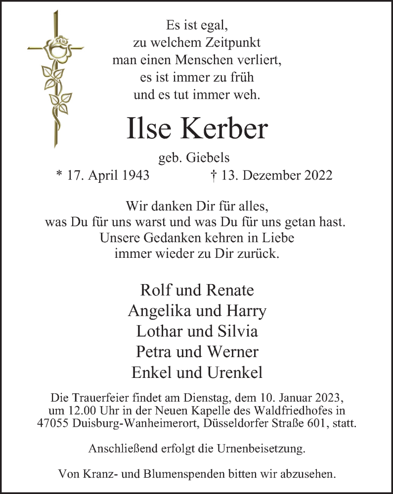  Traueranzeige für Ilse Kerber vom 04.01.2023 aus Tageszeitung