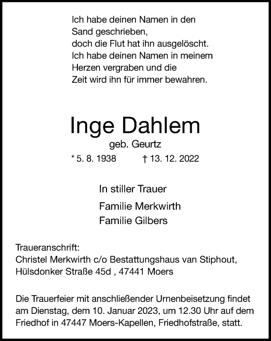 Traueranzeige von Inge Dahlem von Tageszeitung