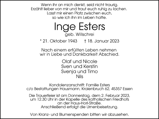 Traueranzeige von Inge Esters von WVW Anzeigenblätter