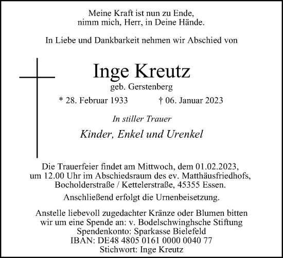 Traueranzeige von Inge Kreutz von Tageszeitung