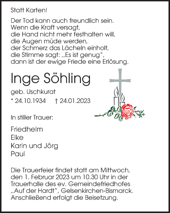 Traueranzeige von Inge Söhling von Tageszeitung