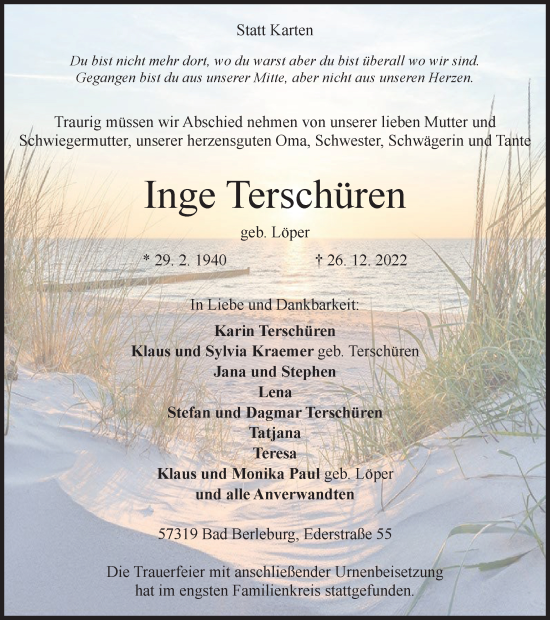 Traueranzeige von Inge Terschüren von Tageszeitung