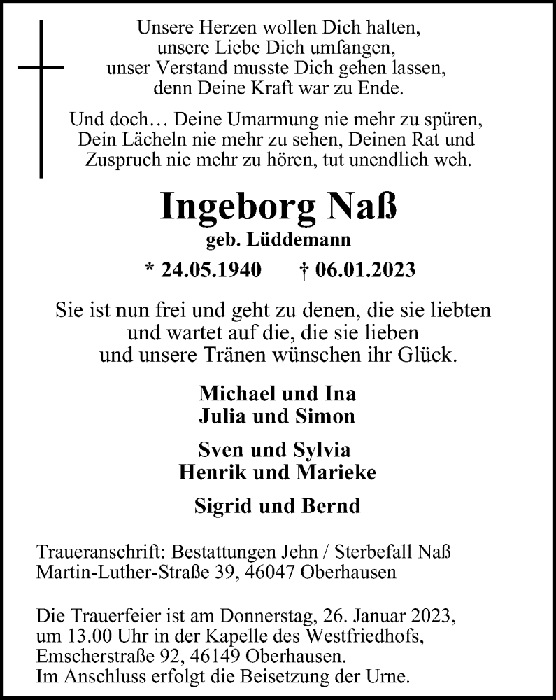  Traueranzeige für Ingeborg Naß vom 21.01.2023 aus WVW Anzeigenblätter