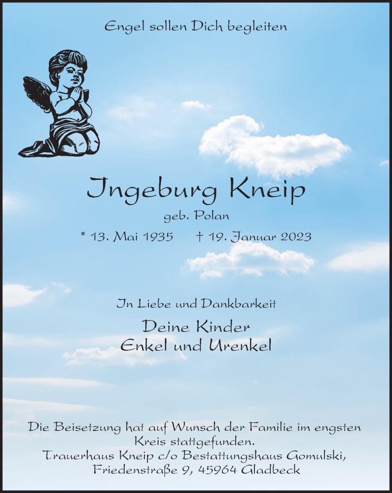  Traueranzeige für Ingeburg Kneip vom 28.01.2023 aus WVW Anzeigenblätter