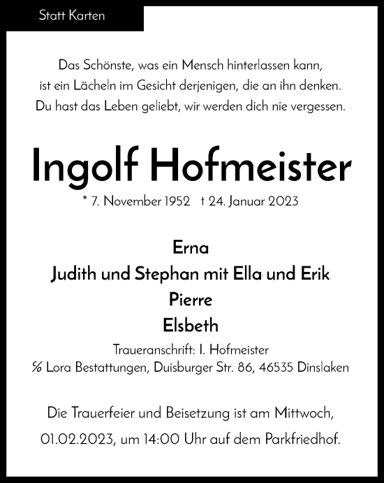 Todesanzeige von Ingolf Hofmeister von Tageszeitung