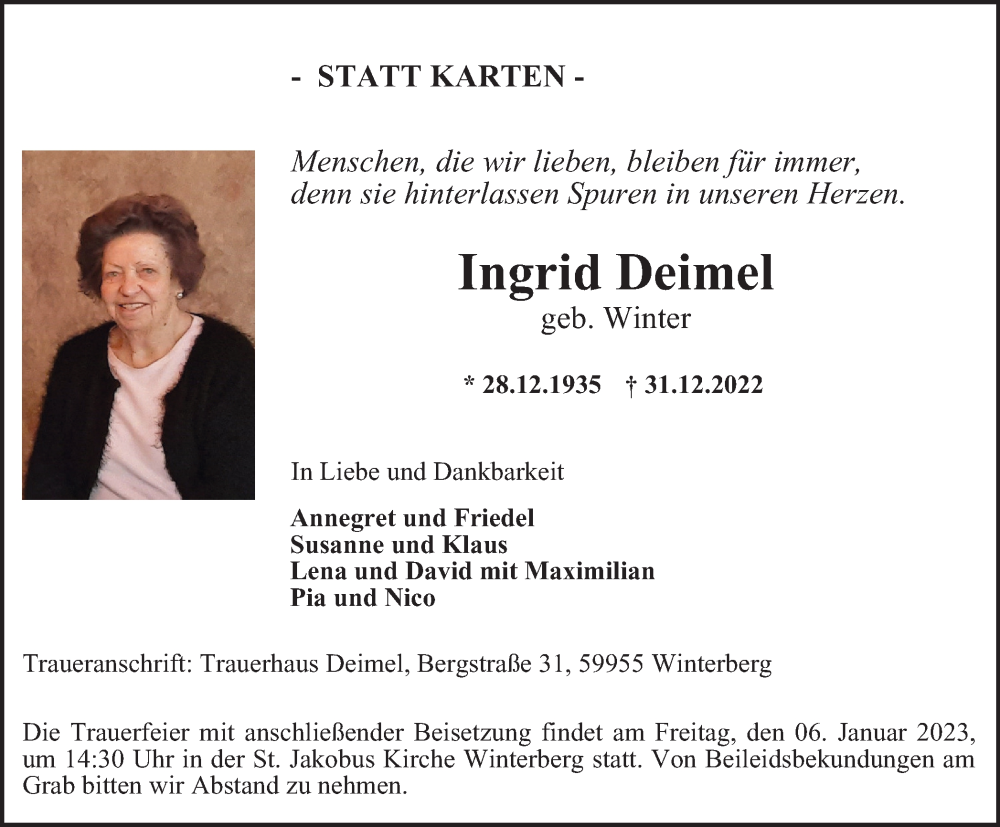  Traueranzeige für Ingrid Deimel vom 03.01.2023 aus Tageszeitung