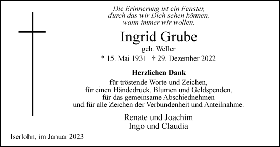 Traueranzeige von Ingrid Grube von Tageszeitung