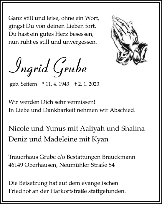 Traueranzeige von Ingrid Grube von WVW Anzeigenblätter