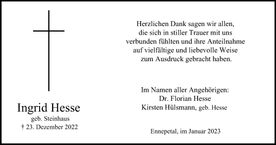 Traueranzeige von Ingrid Hesse von Tageszeitung