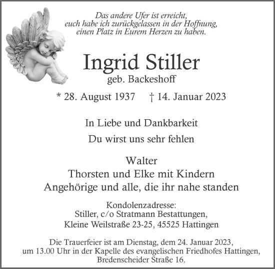 Traueranzeige von Ingrid Stiller von WVW Anzeigenblätter