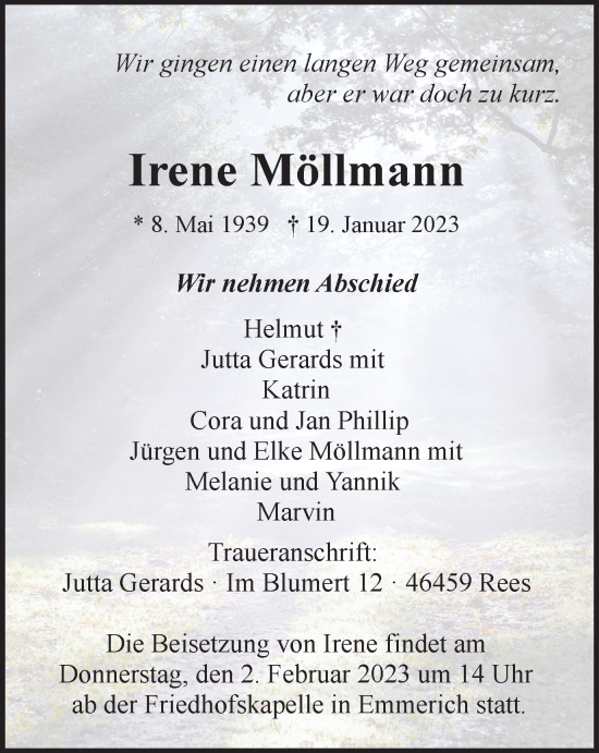 Traueranzeige von Irene Möllmann von WVW Anzeigenblätter