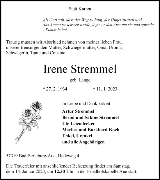 Traueranzeige von Irene Stremmel von Tageszeitung