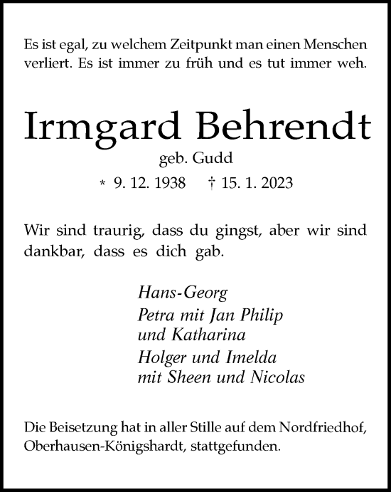 Traueranzeige von Irmgard Behrendt von WVW Anzeigenblätter