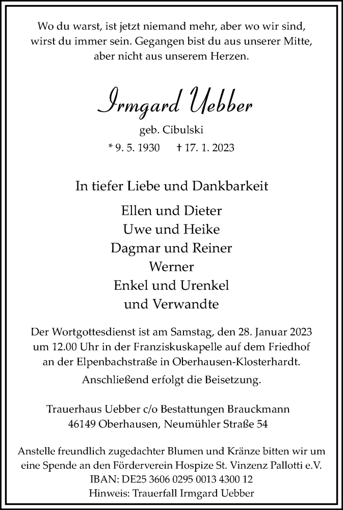  Traueranzeige für Irmgard Uebber vom 21.01.2023 aus WVW Anzeigenblätter