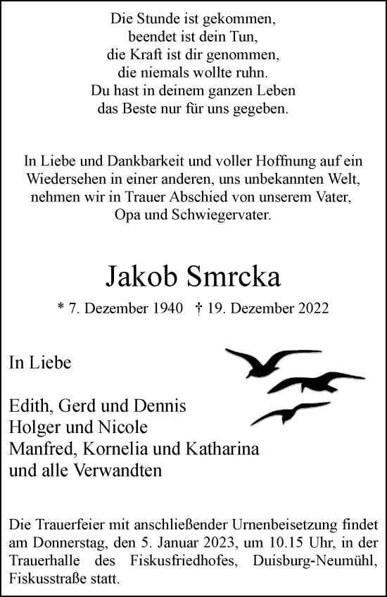 Traueranzeige von Jakob Smrcka von Tageszeitung