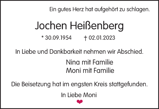 Traueranzeige von Jochen Heißenberg von Tageszeitung