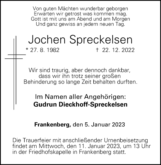 Traueranzeige von Jochen Spreckelsen von Tageszeitung