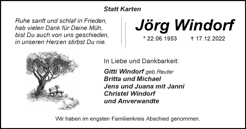  Traueranzeige für Jörg Windorf vom 14.01.2023 aus Tageszeitung