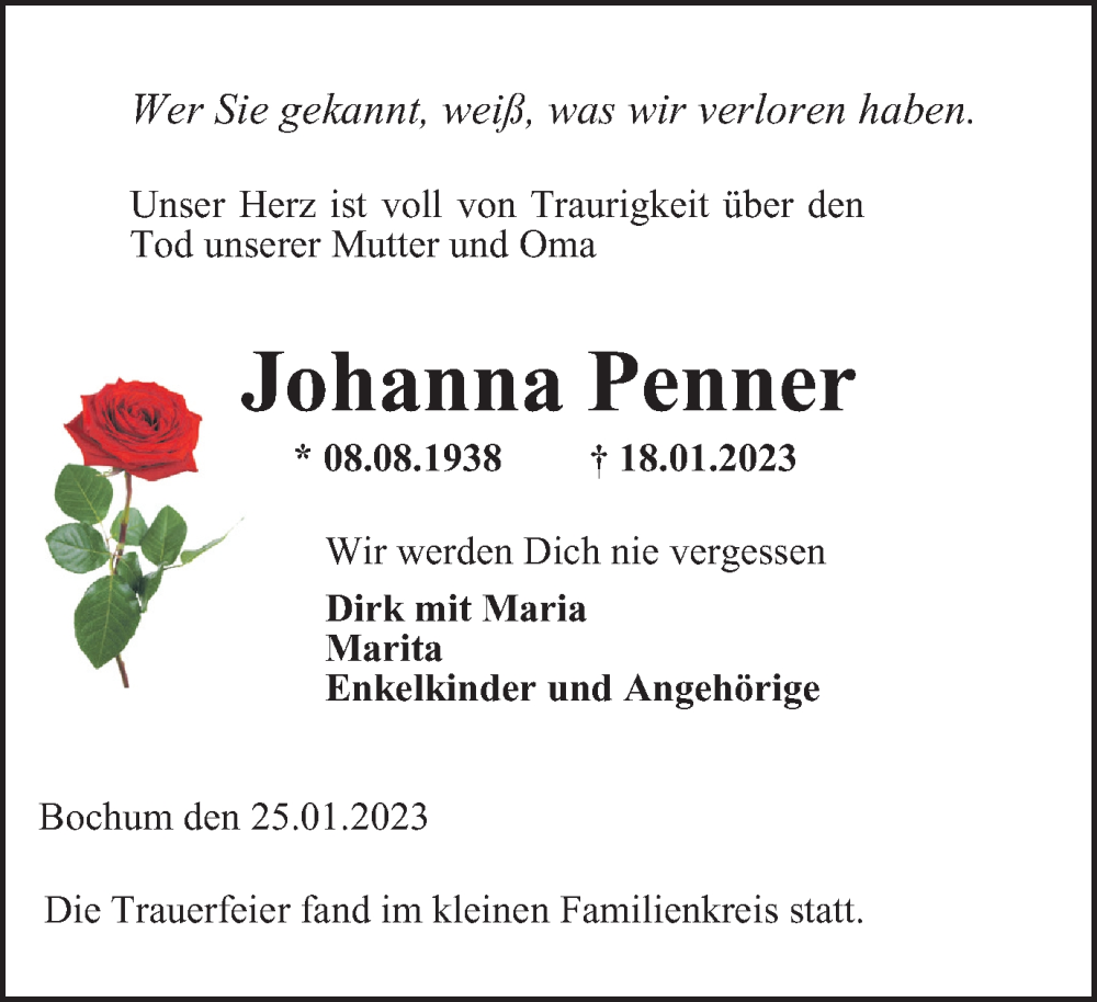  Traueranzeige für Johanna Penner vom 28.01.2023 aus WVW Anzeigenblätter