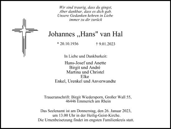 Traueranzeige von Johannes van Hal von WVW Anzeigenblätter