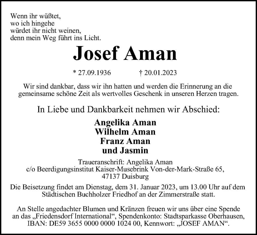  Traueranzeige für Josef Aman vom 28.01.2023 aus Tageszeitung