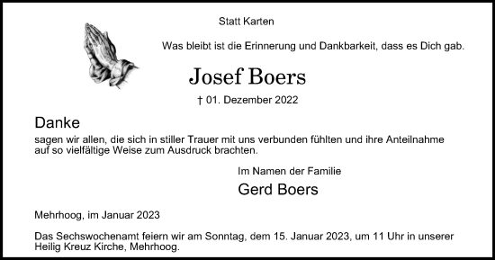 Traueranzeige von Josef Boers von Tageszeitung