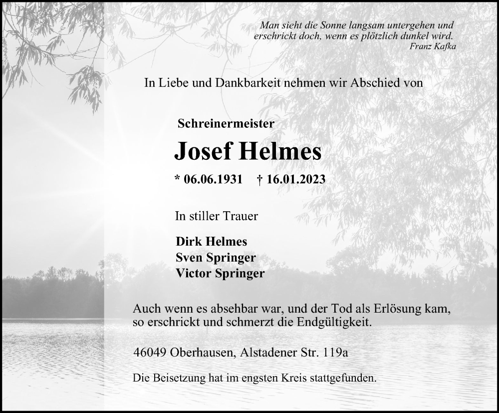  Traueranzeige für Josef Helmes vom 21.01.2023 aus WVW Anzeigenblätter