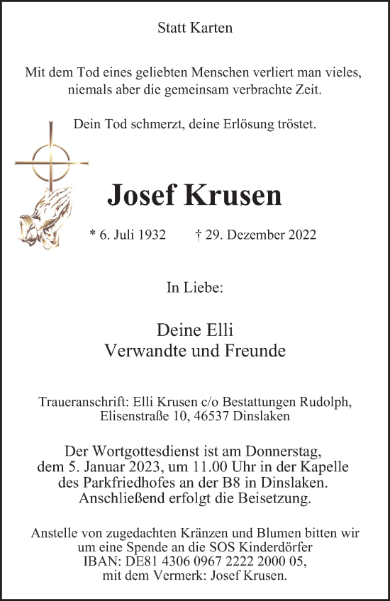 Traueranzeige von Josef Krusen von Tageszeitung