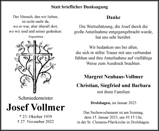 Traueranzeige von Josef Vollmer von Tageszeitung