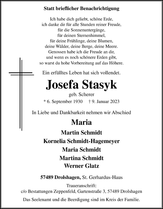 Traueranzeige von Josefa Stasyk von Tageszeitung