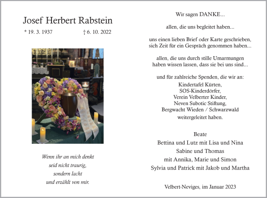 Traueranzeige von Josef Herbert Rabstein von Tageszeitung