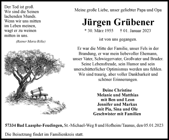 Traueranzeige von Jürgen Grübener von Tageszeitung