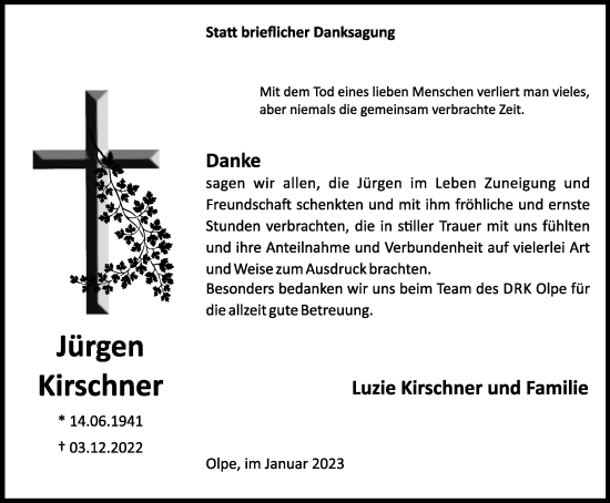 Traueranzeige von Jürgen Kirschner von Tageszeitung
