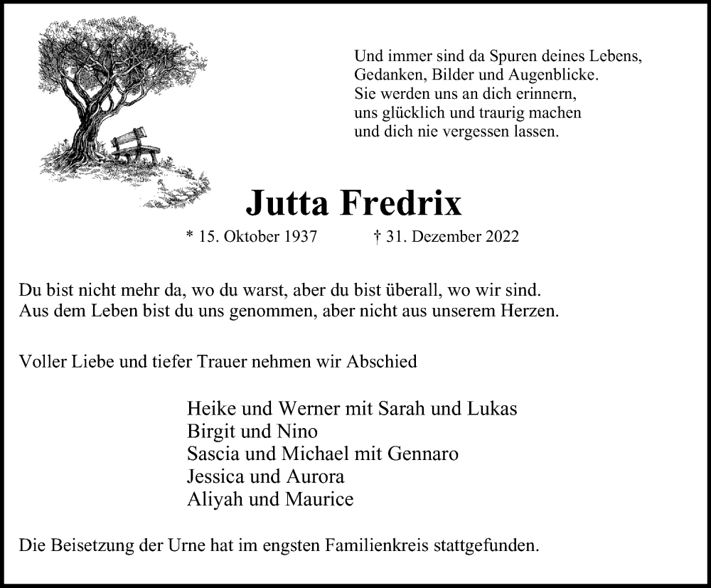  Traueranzeige für Jutta Fredrix vom 25.01.2023 aus Tageszeitung