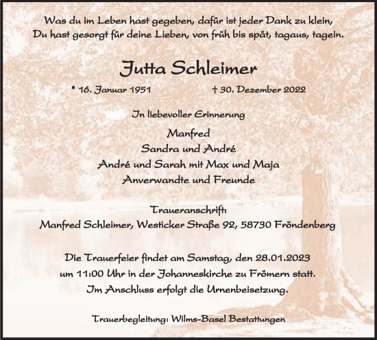 Traueranzeige von Jutta Schleimer von WVW Anzeigenblätter