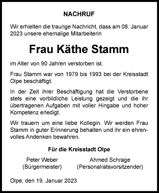 Traueranzeige von Käthe Stamm von Tageszeitung
