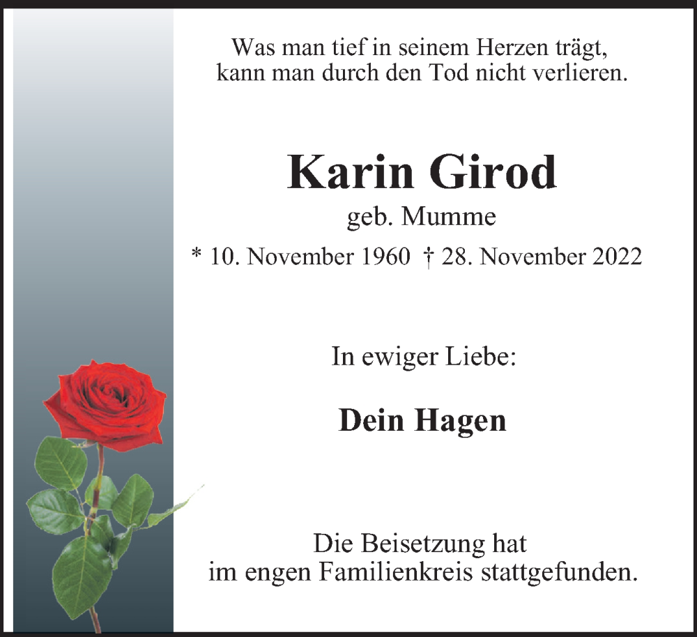  Traueranzeige für Karin Girod vom 07.01.2023 aus Tageszeitung